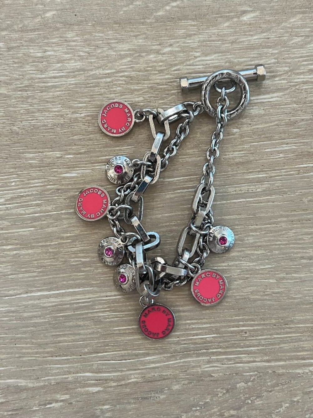 Hot Pink and Silver Marc by Marc Jacobs Charm Bracelet with Crystal Details